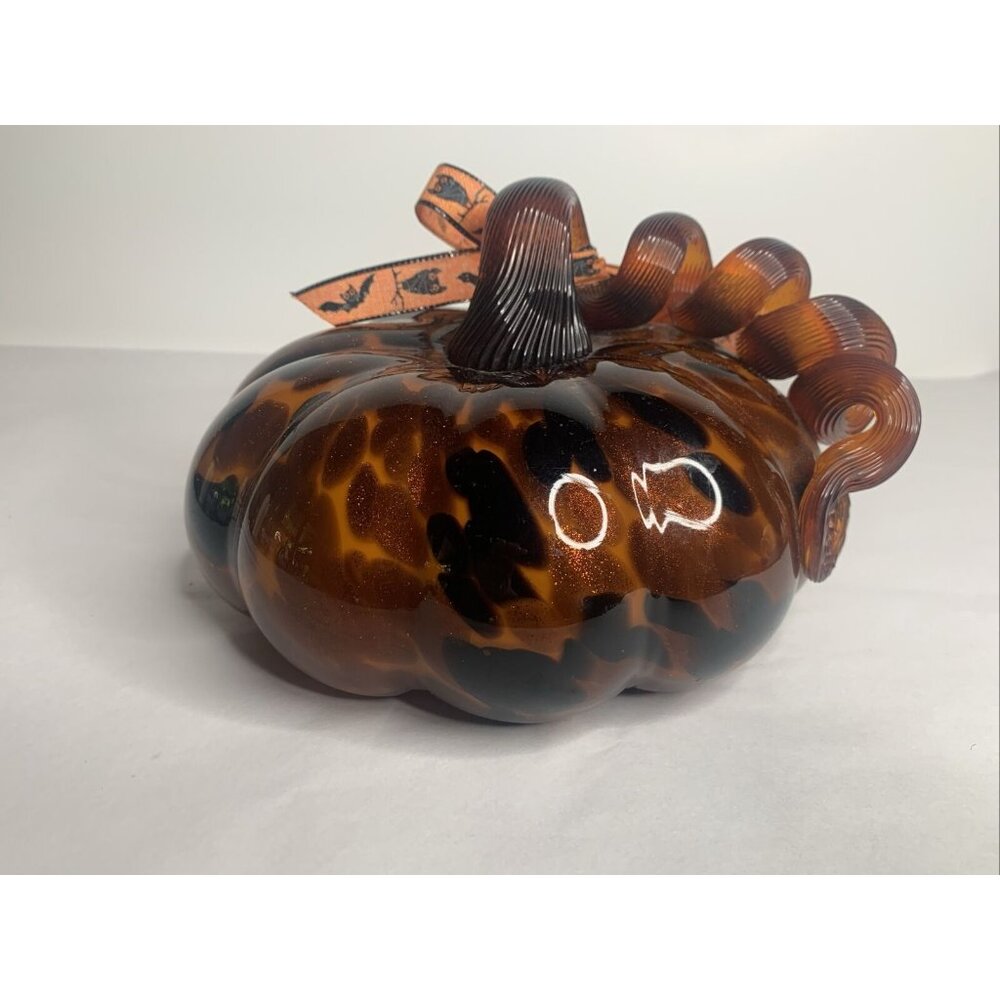 Handblown Art Glass Pumpkin Black Leopard Spot Amber Gold 7" Diameter Curly Stem